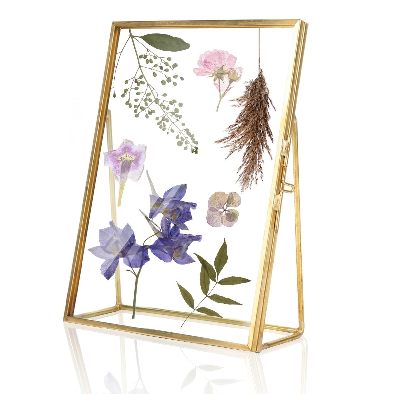 Brass Photo Frame with Bracket Geometric Metal Retro Glass Frame Photo Display Stand Picture Frames Desktop Floating Frame Home Decoration