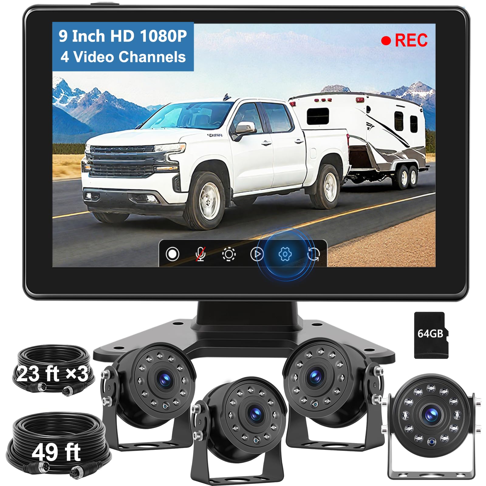 Photo 1 of Wired Backup Camera System with 9" HD Touch DVR Recording IPS Quad Split Monitor, 64GB Card1080P IP69K Waterproof IR Night Vision 4 Front Side Rear View Camera for Truck/RV/Trailer/Tractor
