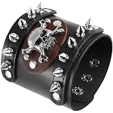 HZMAN Men's Metal Rivet Skull Leather Bracelet Punk Rock Bike Style Wristband Adjustable
