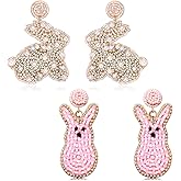 2 Pairs Easter Earrings for Women Beaded Easter Egg Bunny Earrings Letter HAPPY EASTER Earrings Cute Rabbit Dangle Earrings Spring Holiday Jewelry Gifts