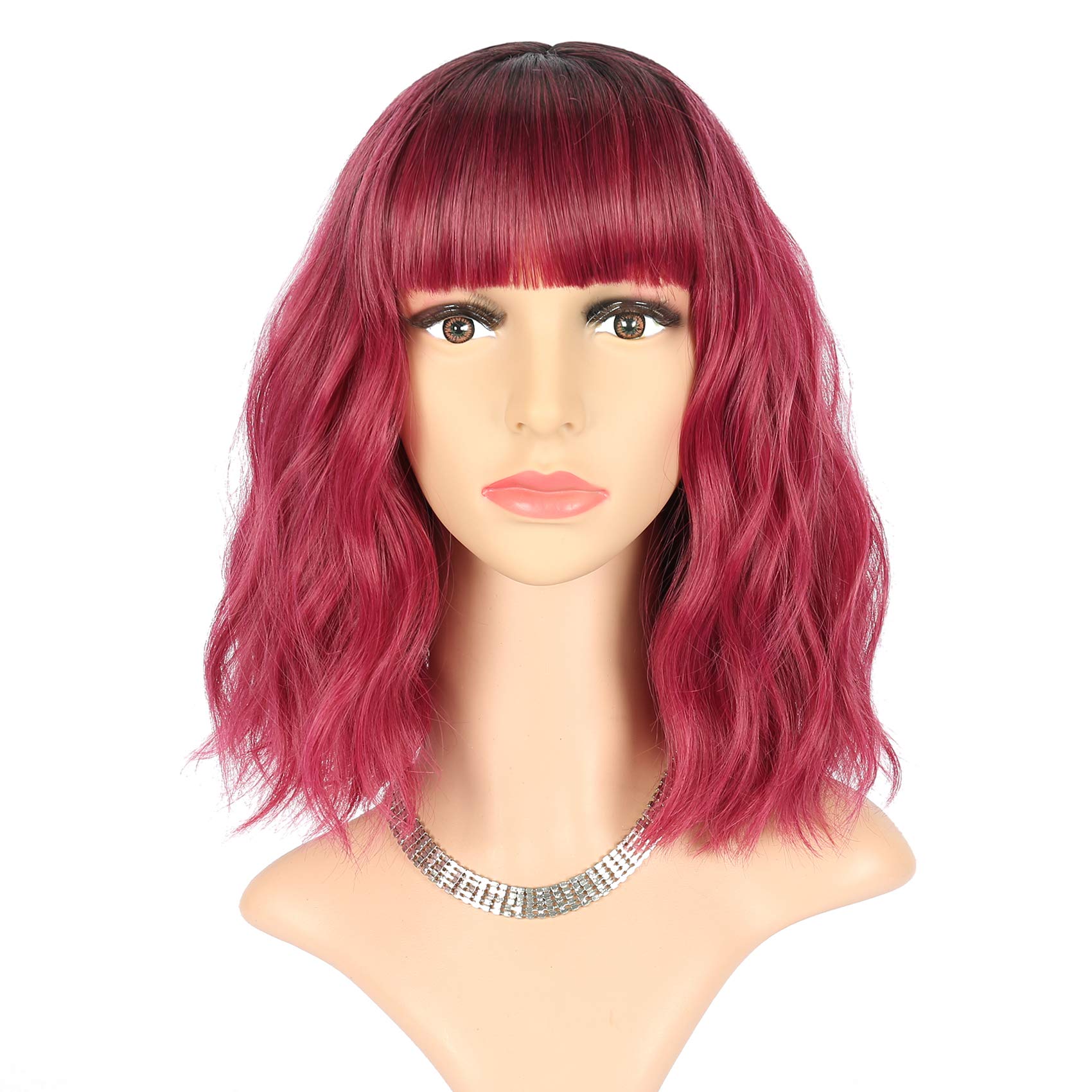 FAELBATY Pink Ombre Bob Wig With Bangs - Synthetic Cosplay Wig for Women - 12" Dark Red