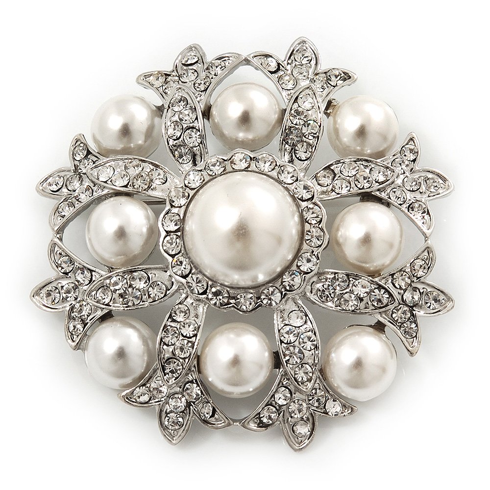 Bridal Diamante/Simulated Pearl Corsage Brooch In Rhodium Plating - 5cm Diameter