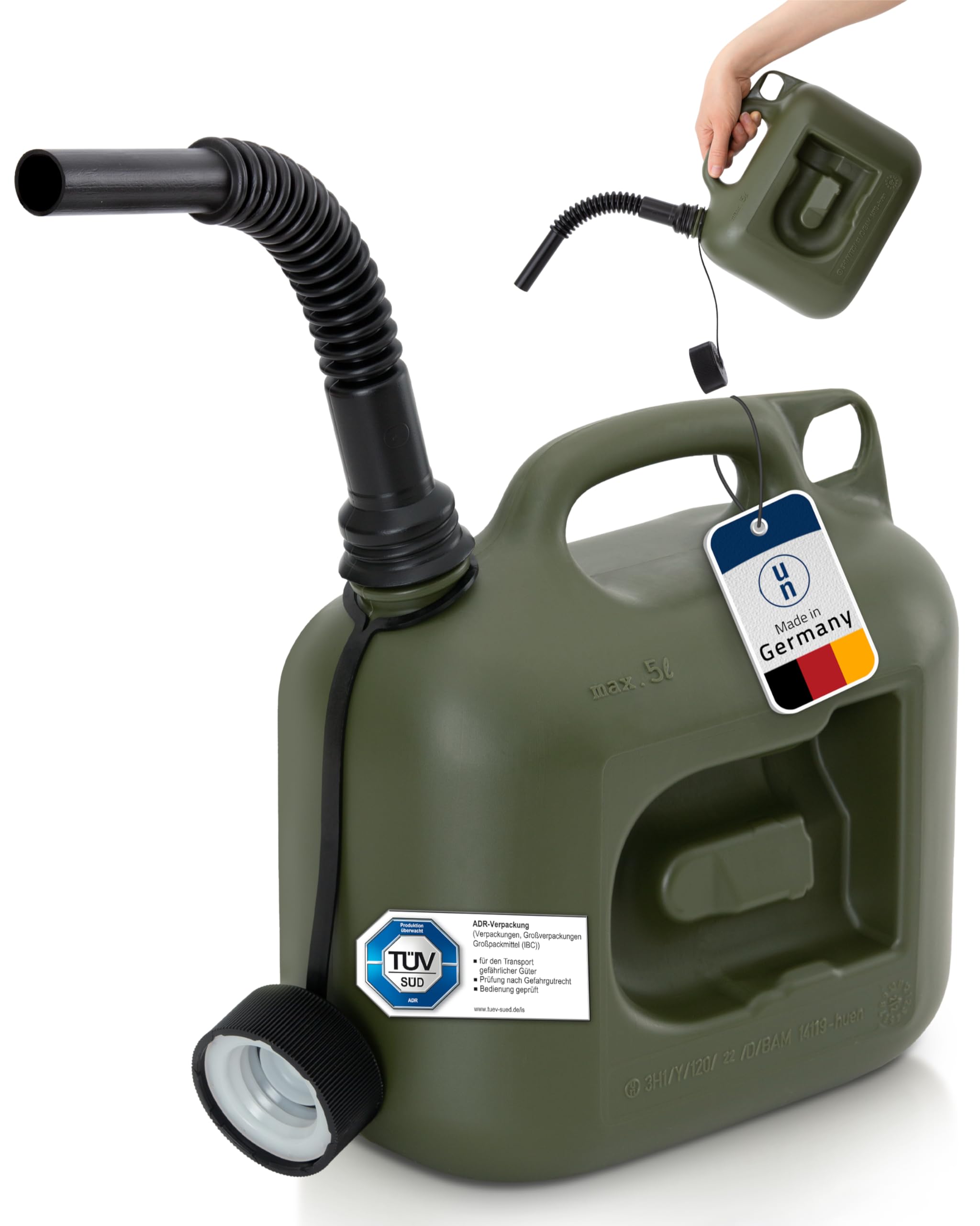 Hünersdorff Kraftstoff-Kanister Profi 5L für Benzin, Diesel und andere Gefahrgüter, UN-Zulassung, Made in Germany, TÜV-geprüfte Produktion, oliv 8