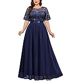 Miusol Women's Plus Size Sequin Lace Round Neck Butterfly Sleeves Formal Evening Maxi Dress