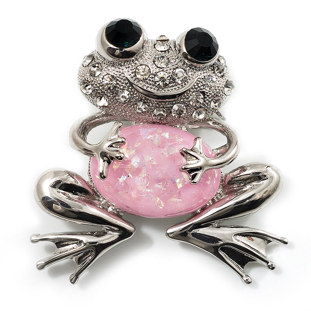 Avalaya 'Smiling Frog' Crystal Brooch (Silver Tone Metal)