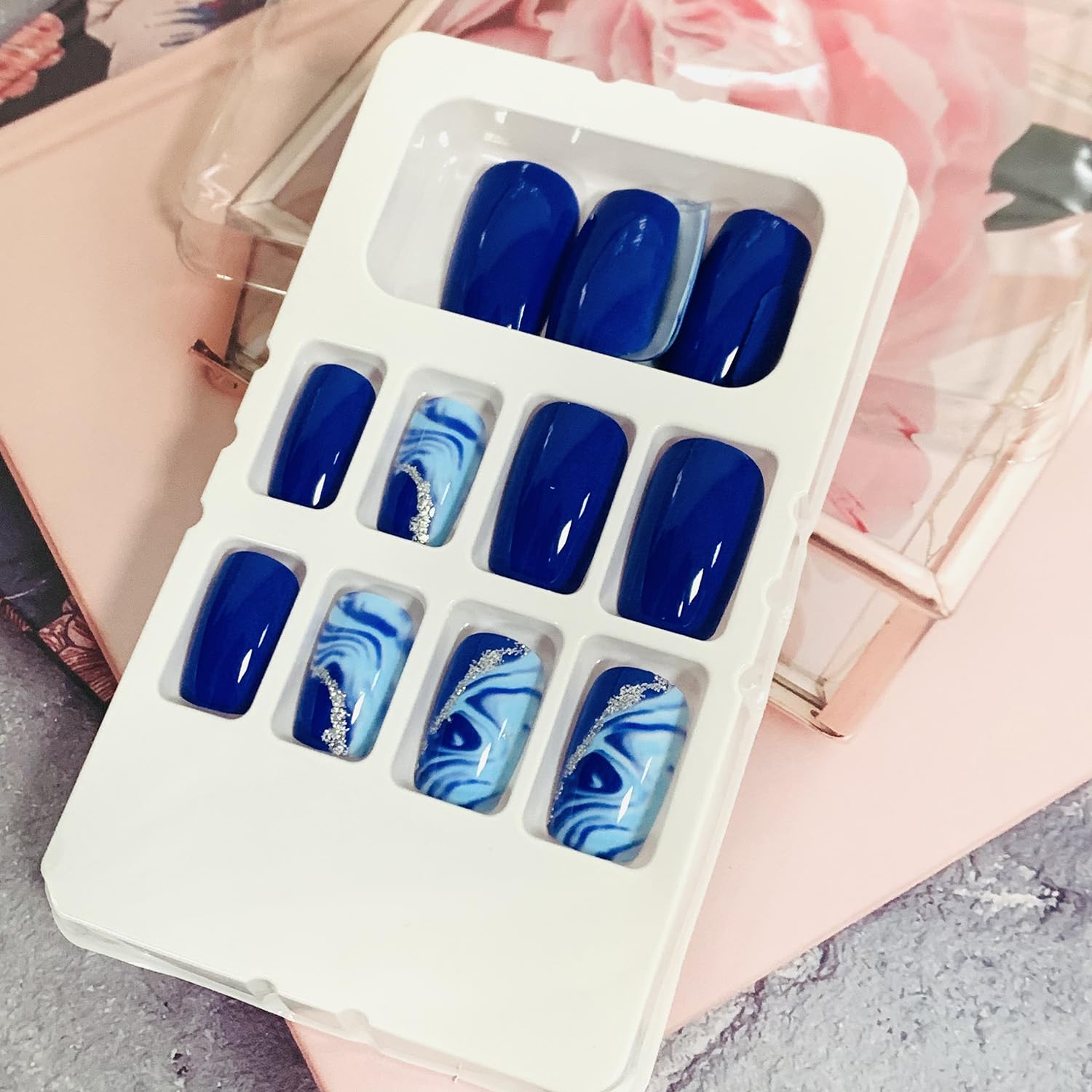 Press on Nails Square Medium Length Glossy Full Cover Acrylic Blue False Nails with Marble Designs Artificial Short Coffin Fake Nails Glue ons Nails Stick on Fingernails for Women Girls - Image 5
