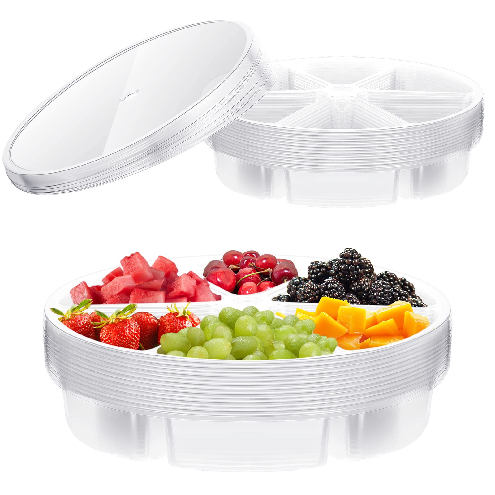 Photo 1 of Baderke 10 Pack 10 Inches Round Plastic Serving Tray 6 Sectional Plastic Appetizer Tray with Lid Clear Food Platters Round Platter Container Veggie Fruit Organizer for Party and Buffet (Clear)