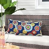 Magpie Fabrics Pack of 2 Outdoor Lumbar Pillow Case Covers 12"x20", Waterproof Rectangular Throw Pillowcase Shell Decorative Sham for Patio Garden Couch - Floral Navy