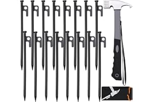 LFSEMINI 16pcs Tent Stakes and Hammer Set, 12in Heavy Duty Forged Steel Tent Stakes + Camping Hammer + Storage Pouch, Available in Rocky Place (16pcs 12in Stake+Hammer)