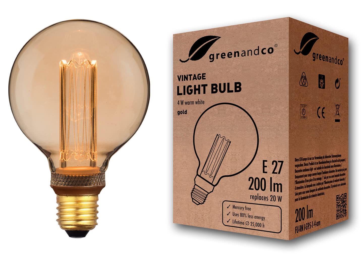 greenandco Decorative LED Vintage Light Bulb | E27 G95 | Amber | 4W 200lm | 1800K Extra Warm White | 320° | 230V | Flicker Free | Not Dimmable — image 1
