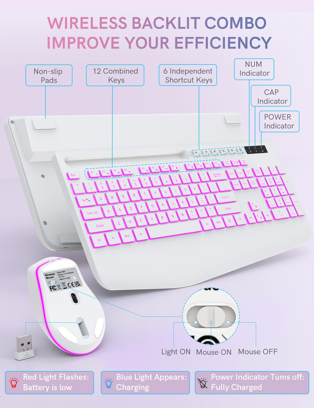 Wireless Keyboard and Mouse Combo with 7 Colored Backlits, Wrist Rest, Rechargeable Ergonomic Keyboard with Phone Holder, Silent Lighted Full Size Combo for Windows, Mac, PC, Laptop-Trueque (White)