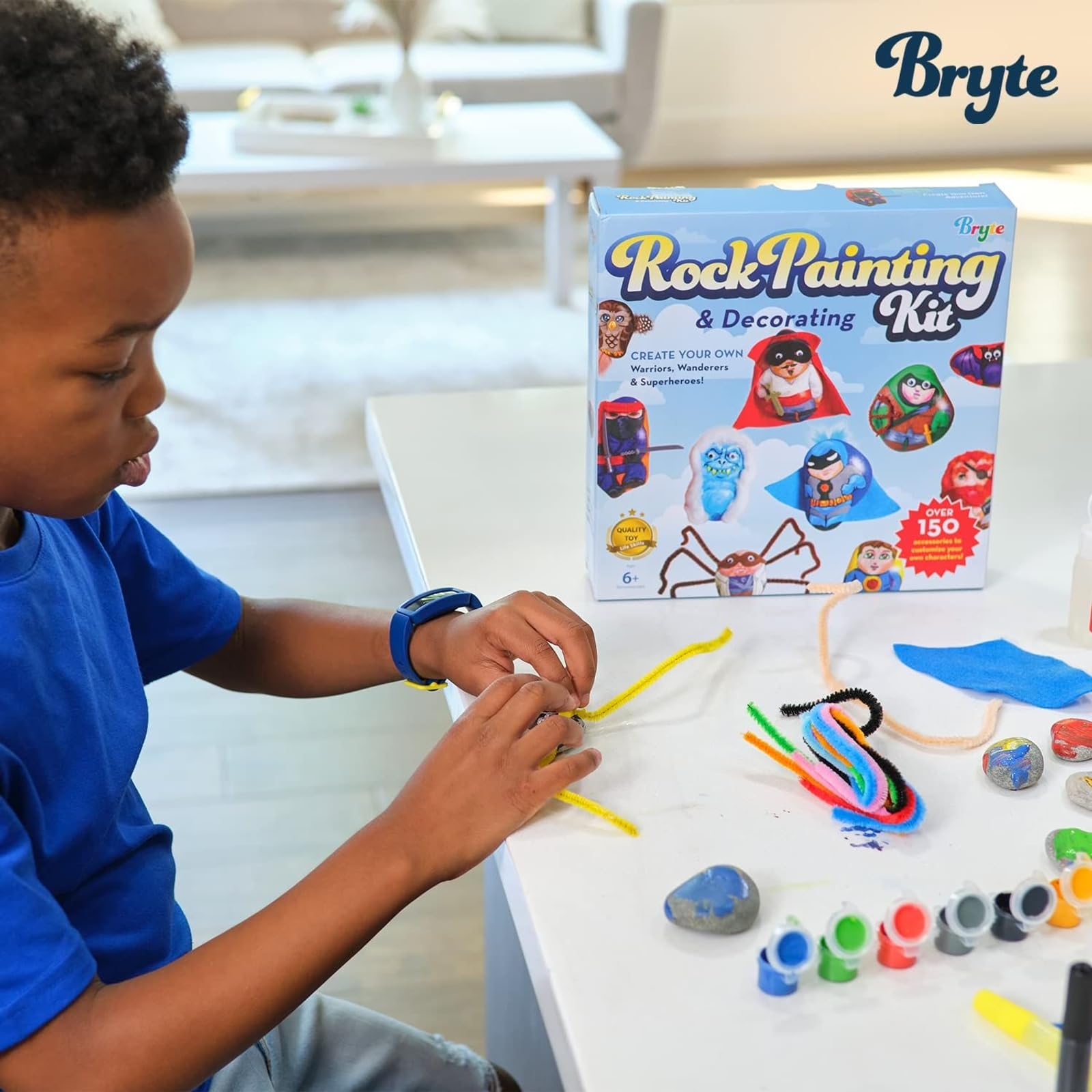 BRYTE 150+ Piece Deluxe Kids Rock Painting Kit, 10 Rocks with Waterproof Paints, Glue & Accessories, DIY Arts and Crafts STEM Activities for Age 6-12 Years, Warrior & Monster