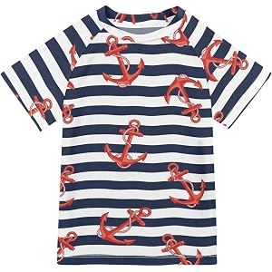 ODAWA Rash Guard Kids Short Sleeve, Nautical White Stripe Blue Boys Short Sleeve Rash Guard Swim Top