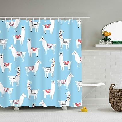 Amazon Com Mweet Shower Curtain Set Blue Llama Bath Curtain Thick