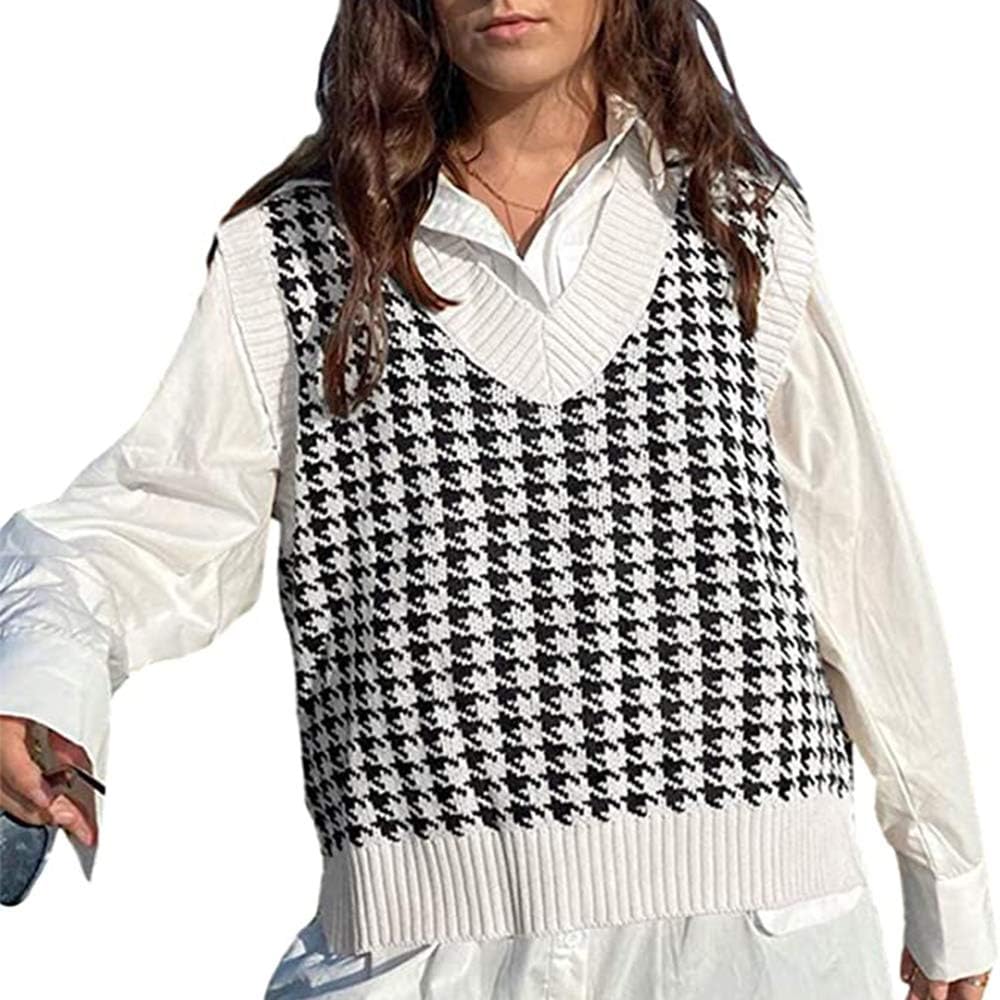 Jlihang Women Houndstooth Knitted Sweater Vest V Neck Casual Loose Oversized Vintage Pullover Tops (White) at  Women’s Clothing store
