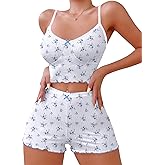 Hilinker Womens Graphic Print Ribbed PJ Set Crop Cami Tops and Shorts Cute Pajamas Set
