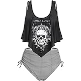 Rosegal Womens Plus Size Curve Gothic Skull Print Ruffled Overlay Tankini Swimwear Set