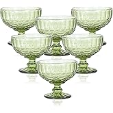 CHLJAR Glass Ice Cream Bowls - Set of 6, Green Small Glass Bowls Vintage Pressed Pattern Ice Cream Cups/Dessert Bowls for coconut peach ice cream Fruit Pudding Trifle Parfait(12 Oz, Serpentine)