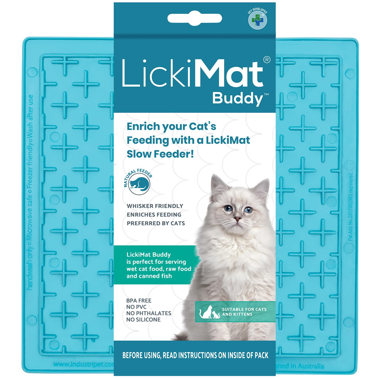 LICKIMAT Classic Buddy Cat Slow Feeders Lick Mat, Boredom Anxiety Reducer; Perfect for Food, Treats, Yogurt, or Peanut Butter. Fun Alternative to a Slow Feed Cat Bowl or Dish, Turquoise