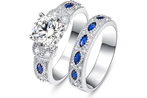 Yaresul 3.5ct Round Cut Cubic Zirconia Wedding Ring Set with Created Blue Sapphire Women's Bridal Rings Sets White Gold Plated Engagement Anniversary Ring for Grandma, Mother,Gift for Her Size 5-10