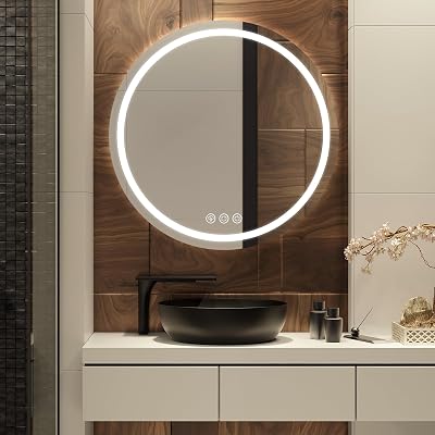 Espelho de casa de banho LED de 60 cm com luz redonda, luz de 3 cores, antiembaçador