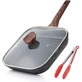 Kordisen Nonstick Grilling Pan with Lid for Stove Tops, 11 Inch Square Grill Pan for Indoor Cooking, Granite Coating Grill Skillet with Pour Spouts, Versatile Griddle, Induction Steak Pan, PFOA Free