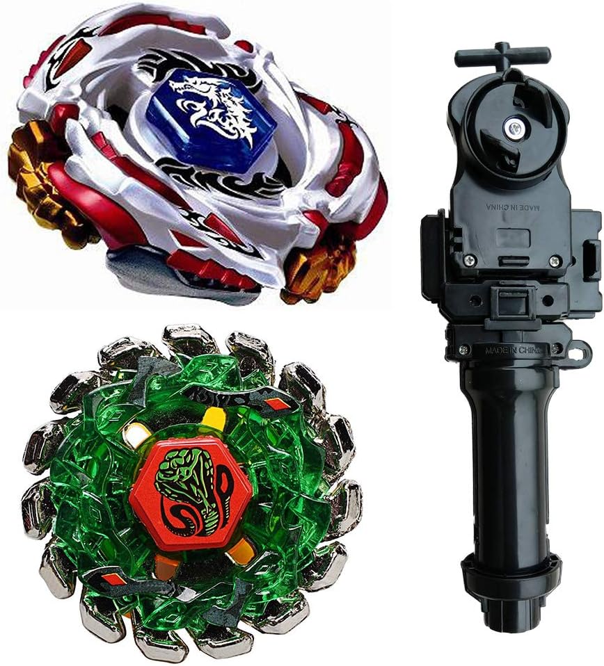 Bey Battling Blades Metal Fusion L-Drago Poison Serpent LW105LF BB88 and Meteo L-Drago Poison Serpent SW145SD BB69 with Black Launcher+Grip