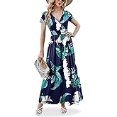 ANRILITA Maxi Dress for Women 2026 Wrap V Neck Short Sleeve Empire Waist Summer Casual Elegant Flowy Long Dresses with Pocket