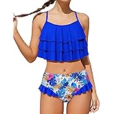 Redair Girls Swimsuit 2 Piece Ruffled Bikini Top with Ruffled Bottom Summer Beach Teen Girl Bathing Suits for 6-14 Years