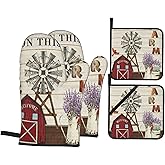 Oven Mitts and Pot Holders Sets of 4,Farmhouse Windmill and Barn House Lavender Cardinal Bird Country Style,Oven Mitts Heat Resistant Oven Gloves Set Potholders for Kitchen Baking Grilling