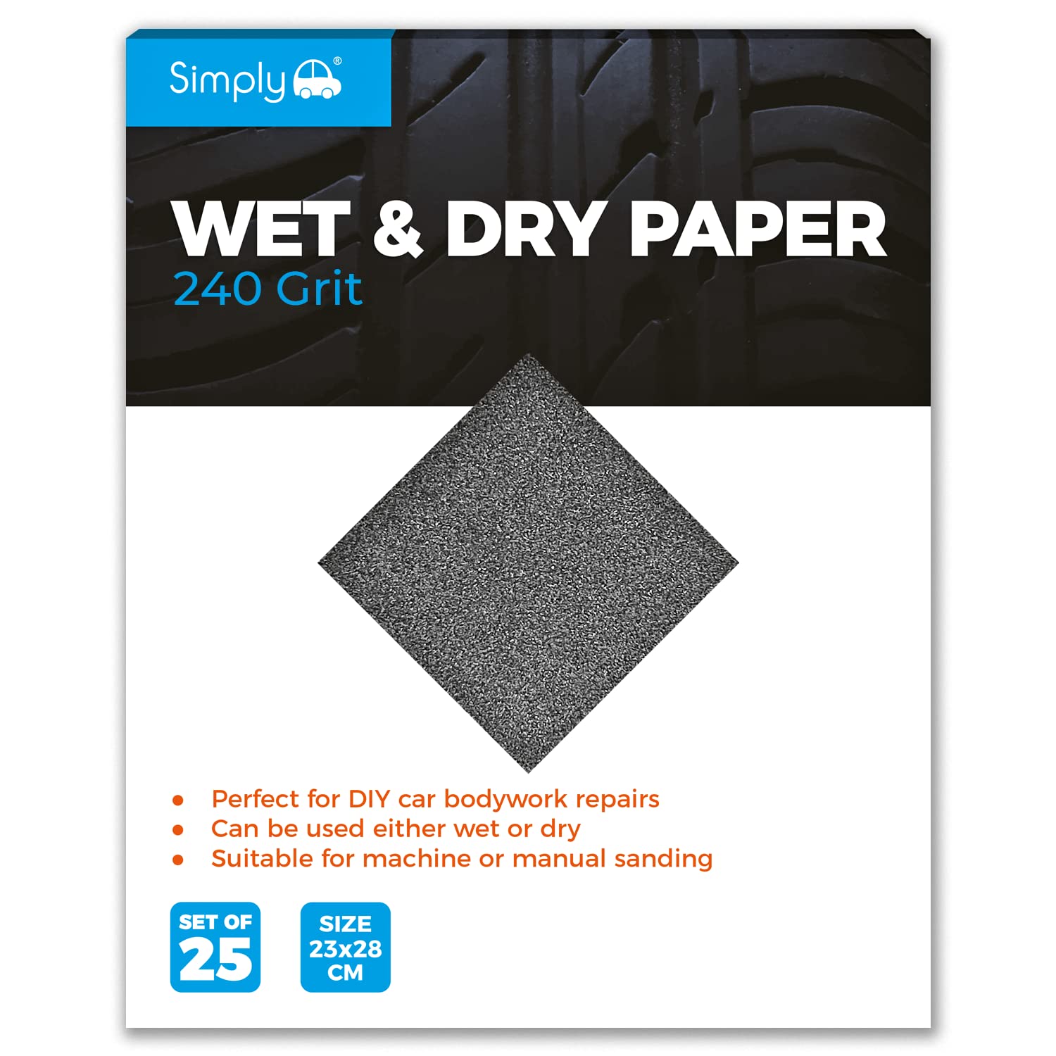 Simply WD0240 Wet & Dry Polishing Paper 240 Grit, Pack of 25, 230mm x 280mm, Perfect for DIY Car Bodywork Repairs, Machine, Manual Sanding, Furniture and Home Improvement