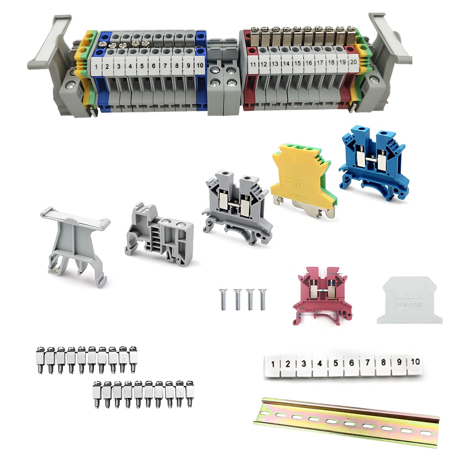 YUE QIN DIN Rail Terminal Block Kit, AWG & Ground Blocks, End Covers, Fixed Bridge Brackets, Aluminum Rail, Suitable for DIY Production Automation, Circuit Transformation