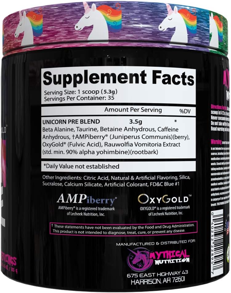 Mythical Nutrition Unicorn PRE Workout by Insane Labz, Pre Workout Powder with Edible Glitter, Extreme Energy Nitric Oxide Boosting, Beta Alanine Betaine Taurine AMPiberry, 35 Srvgs, Glitter Punch: Health & Personal Care