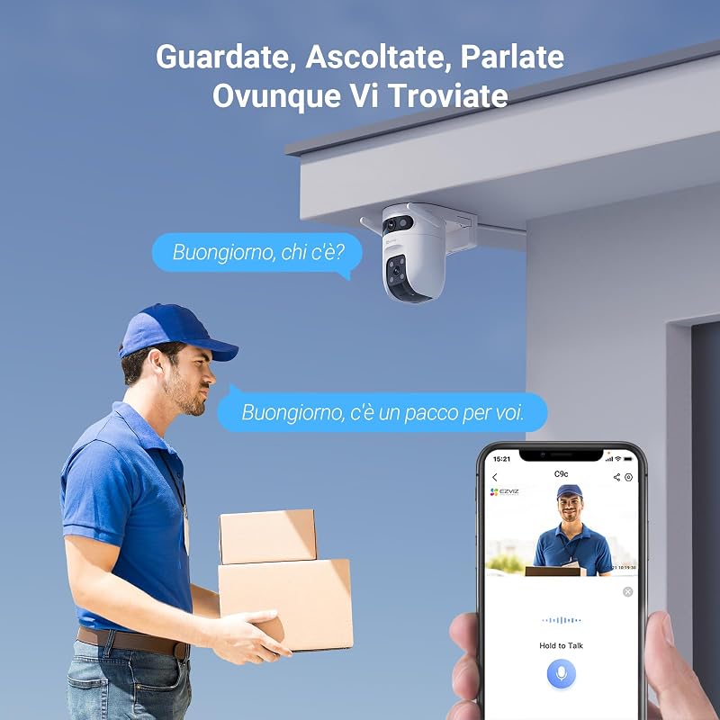 6MP (3MP+3MP) Telecamera WiFi Esterno con Doppia Lente, Telecamera per Esterni a 360°, Visione Notturna a Colori, Rilevamento Persone/Veicoli, Audio Bidirezionale, Impermeabile, C9c Dual 2K
