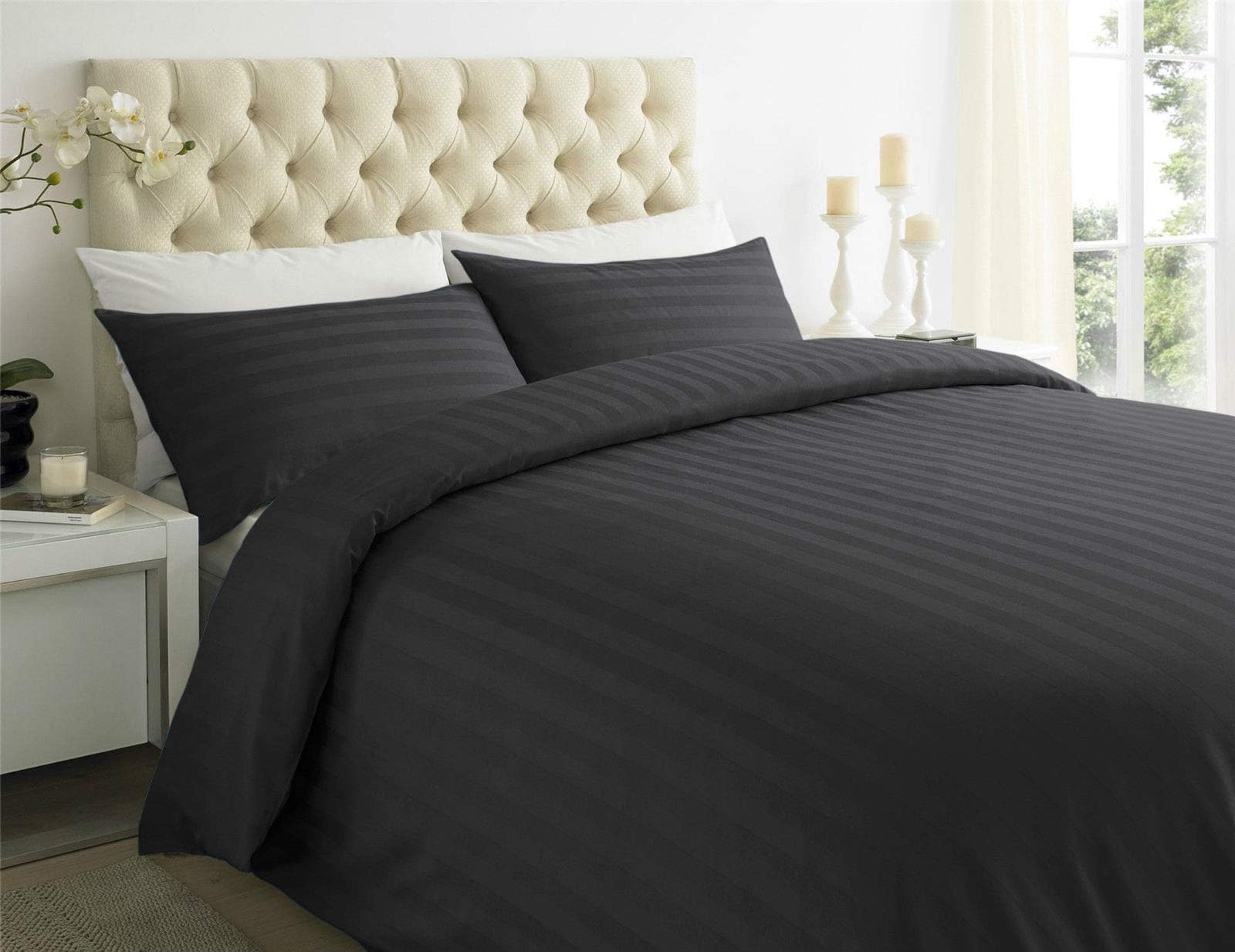 ES Bargains Duvet Cover 400TC Egyptian Cotton Stripe Duvet Quilt Cover With Pillowcase Bedding Set (Black, Double)