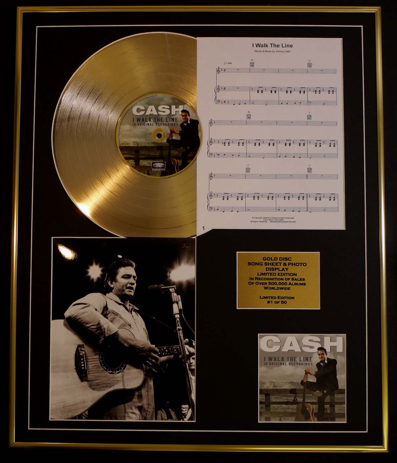JOHNNY CASH/CD GOLD DISC, SONG SHEET & PHOTO DISPLAY/LTD. EDITION/COA/ALBUM, I WALK THE LINE /SONG SHEET, I WALK THE LINE