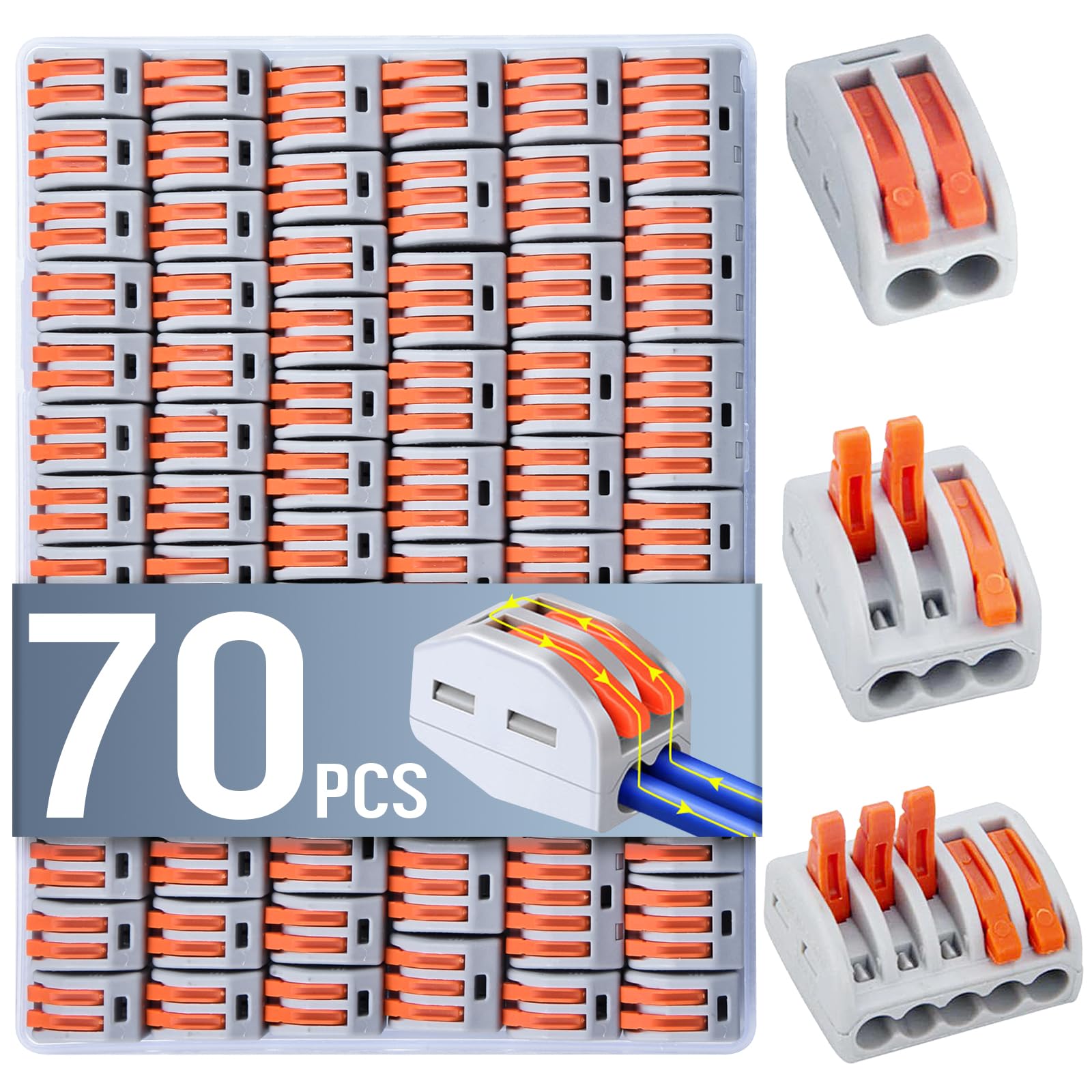 70pcs Conductor Terminal Block with Levers, Wire Connectors for 2/3/5 Circuit Inline Splices, Suit 0.08-4mm²/ 28-12AWG Solid Wire, 0.08-2.5mm²/ 28-14AWG Flexible Cable