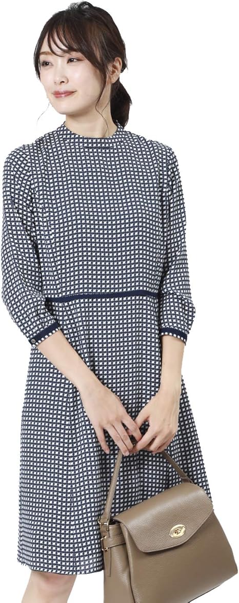Amazon ニューヨーカー ワンピース ジオメトリック チェックプリント ハイネック 7分袖 ネイビー 7号 ワンピース チュニック 通販