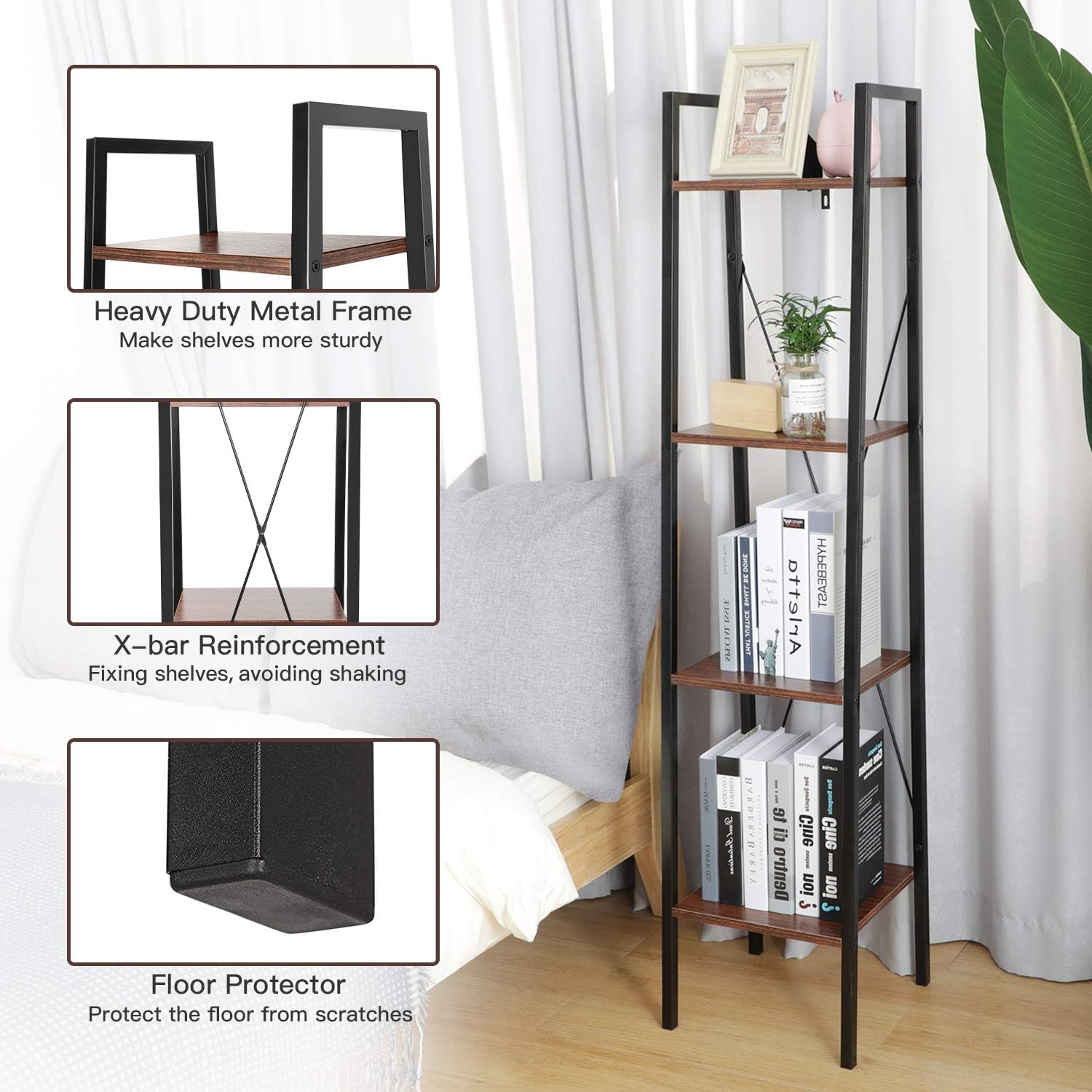 Industrial Ladder Shelf, 4-Tier Bookshelf, Plant Flower Stand, Multipurpose Organizer Rack for Home, Office, Living Room, Balcony, Bedroom by Pipishell: Furniture & Decor