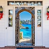 Tomhong Mediterranean Door Cover Banner Stone Arch Seaside View 71x35 Inch Summer Beach Door Sign for Front Door Coastal Ocean Door Cover for Patio Balcony Pool Party Home Decor