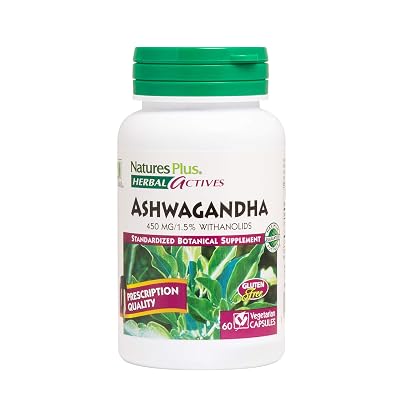 NaturesPlus Herbal Actives Ashwagandha Withania somnifera - 450 mg, 60 Vegan Capsules - Natural Stress &amp;amp; Anxiety Relief - Hypoallergenic, Vegetarian, Gluten-Free - 60 Servings