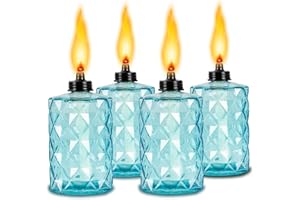 NONLEY Glass Table Top Torches, 4 Pack Blue Citronella Torches for Outside, 12oz Flame Light Torch,Refillable, Wick and Cap Included, Landscape Lanterns Torches for Garden Yard Patio Party Decor