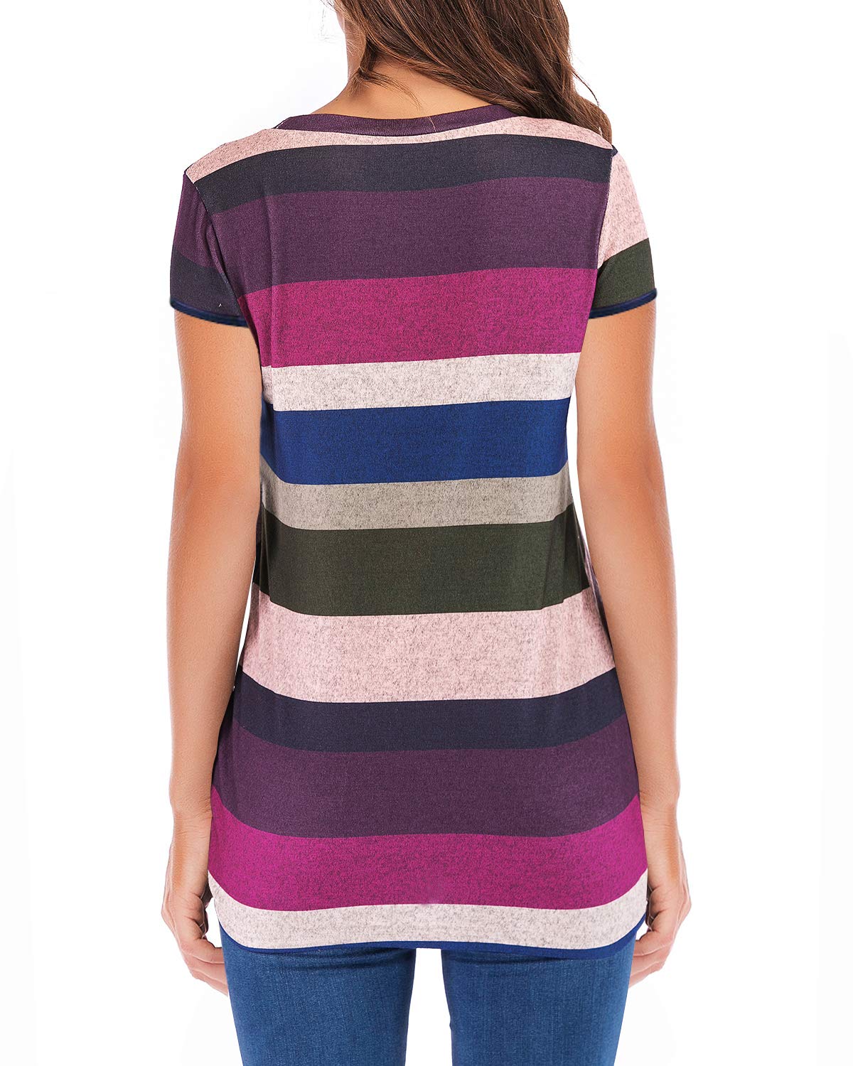 Eanklosco Women\'s Tops Striped T-Shirts Front Knot Tunic Casual Blouses Short Sleeve (M/UK 10, Dark Purple)