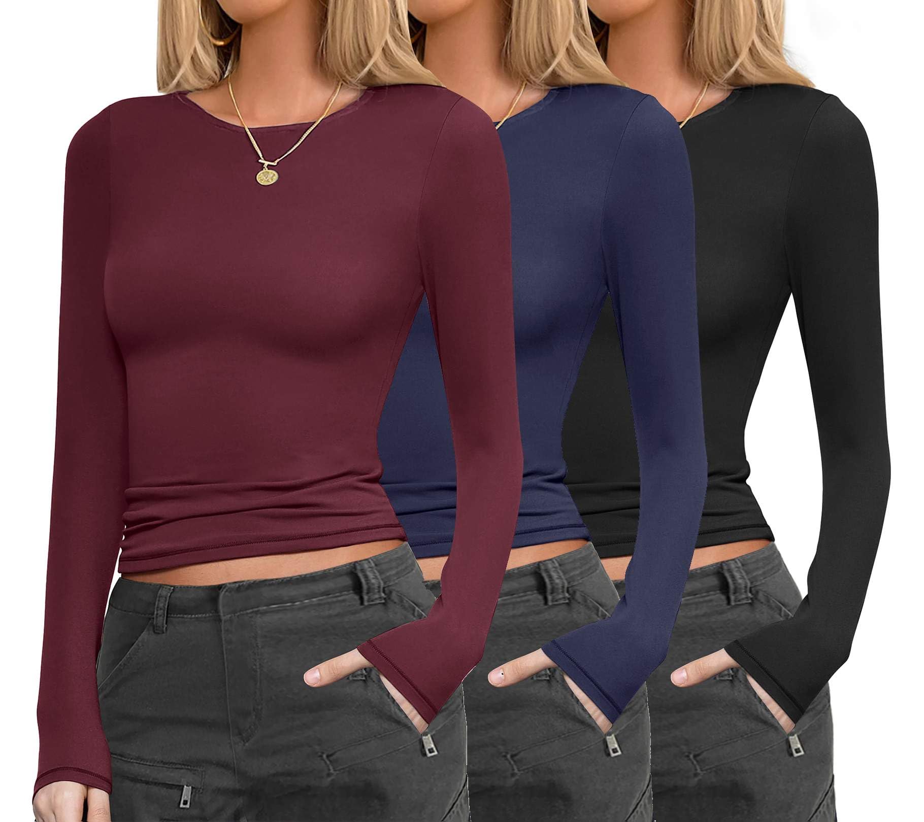 Ekouaer Womens 3 Pack Long Sleeve Shirts Fitted Tops Base Layering Tight Thermal Undershirts Black/Navy/Dark Red S Image