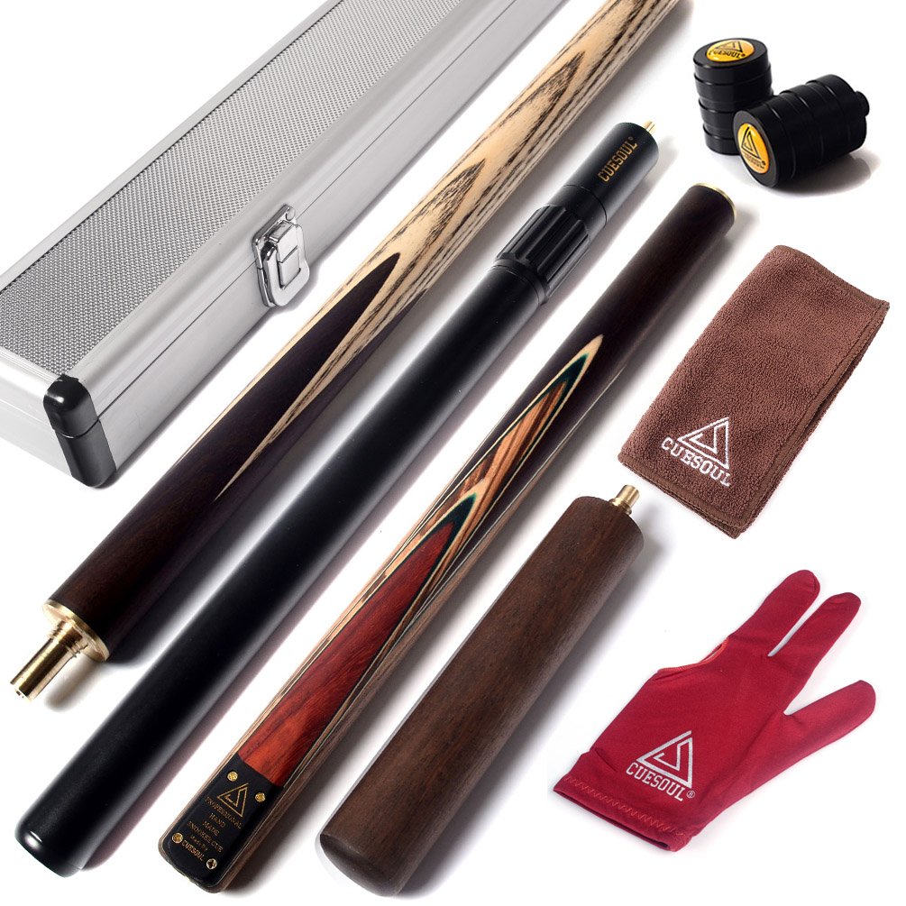 CUESOUL 57" 3/4 Jointed Snooker Billiard Pool Cue Handcrafted 18oz with Telescopic Aluminium Extension & 6" Walnut Extension, Ash Shaft & Walnut Butt, in Aluminium Cue Case, 9.5mm Tip Snooker Cue Set