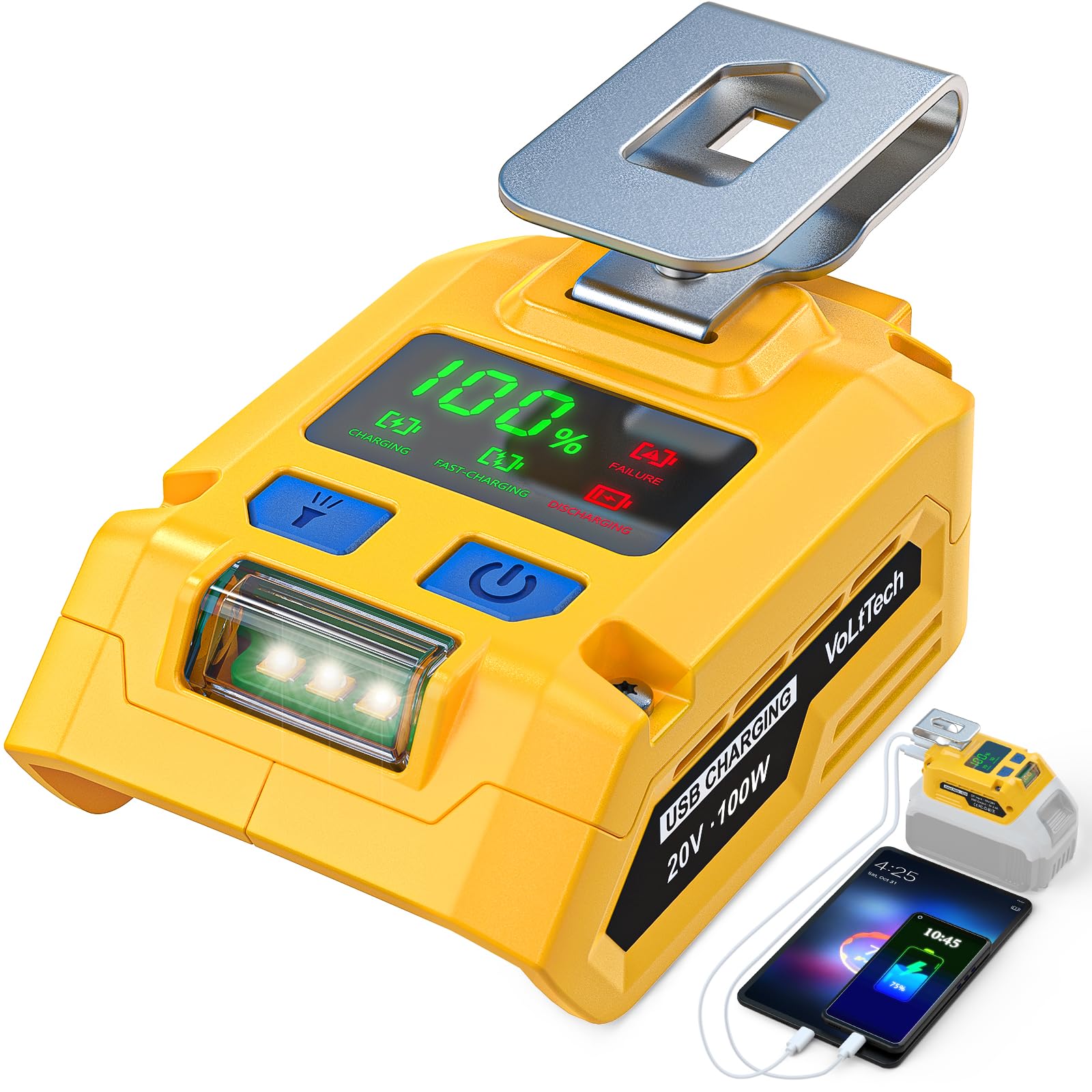 Photo 1 of 100W Battery Adapter for Dewalt 20V: VoLtTech Cordless Battery Charger Portable Power Inverter Converter with USB-A & Type-C Fast Charging Port & LED Light for Phone, Tablet, Laptop