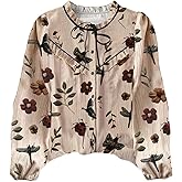 Floerns Women's Floral Lantern Sleeve Boho Tops Tie Front Vintage Fall Outfit Button Down Shirts