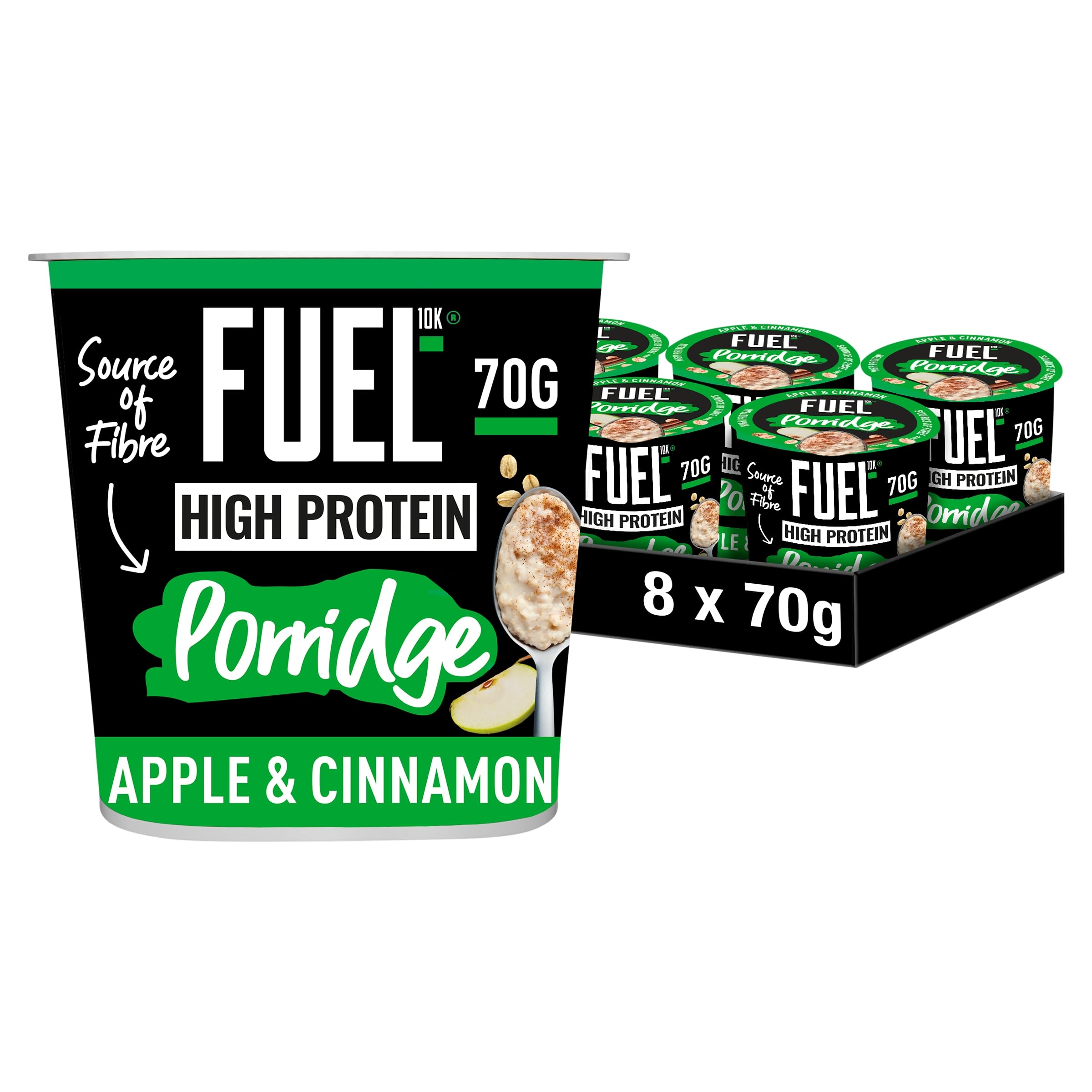 FUEL10K Porridge Pots, Apple and Cinnamon - 8x70g - High Protein On The Go Breakfast