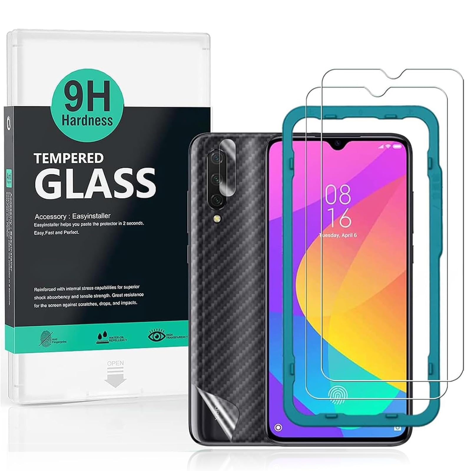 Ibywind Screen Protector (2 Pack) For Xiaomi Mi 9 Lite/CC9,9H Hardness Tempered Glass,With 1Pc Camera Lens Protector,1Pc Back Protector,Easy to Install