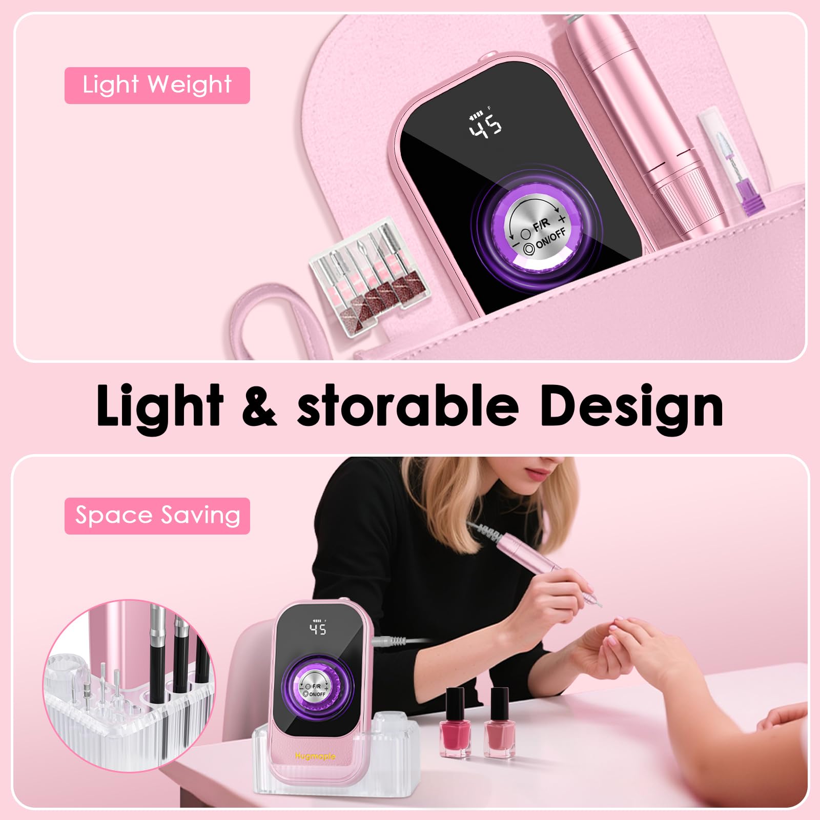 Professional Electric Nail Drill File, HUGMAPLE 45000RPM Portable E-File Machine with Bits & Base, Rechargeable Cordless Nail Drill Kit for Shaping, Removing & Polishing Gel Nails for Salon Home